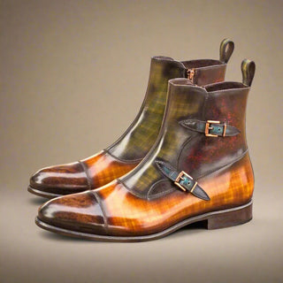 Ambrogio Men's Handmade Custom Made Shoes Multi-Color Patina Leather Atticus Double Buckle Boots (AMB1126)-AmbrogioShoes