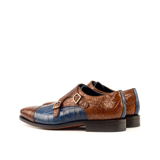 Ambrogio Men's Handmade Custom Made Shoes Navy & Brown Exotic Alligator Monk-Straps Loafers (AMB1123)-AmbrogioShoes