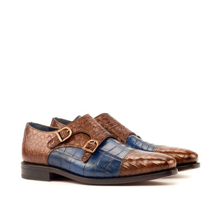 Ambrogio Men's Handmade Custom Made Shoes Navy & Brown Exotic Alligator Monk-Straps Loafers (AMB1123)-AmbrogioShoes