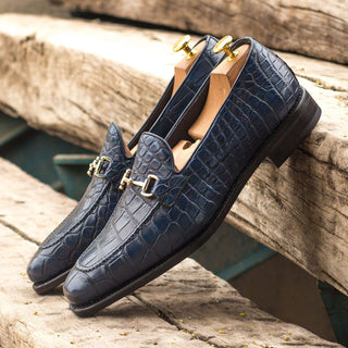 Ambrogio 3756 Men's Shoes Navy Exotic Alligator Horsebit Loafers (AMB1083)-AmbrogioShoes