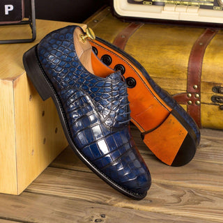 Ambrogio Men's Handmade Custom Made Shoes Navy Exotic Alligator Oxfords (AMB1115)-AmbrogioShoes
