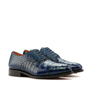 Ambrogio Men's Handmade Custom Made Shoes Navy Exotic Alligator Oxfords (AMB1115)-AmbrogioShoes