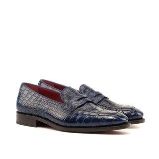 Ambrogio Men's Handmade Custom Made Shoes Navy Exotic Alligator Penny Loafers (AMB1104)-AmbrogioShoes