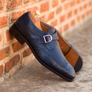 Ambrogio Men's Handmade Custom Made Shoes Navy Exotic Snake-Skin Monk Strap (AMB1107)-AmbrogioShoes