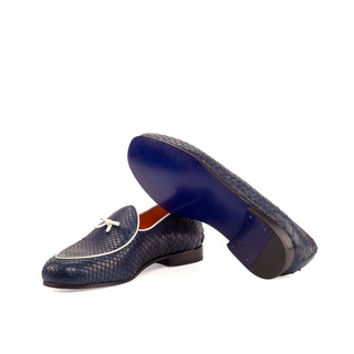 Ambrogio Men's Handmade Custom Made Shoes Navy Exotic Snake-Skin Slip-On Belgian Loafers (AMB1121)-AmbrogioShoes