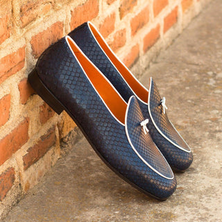 Ambrogio Men's Handmade Custom Made Shoes Navy Exotic Snake-Skin Slip-On Belgian Loafers (AMB1121)-AmbrogioShoes