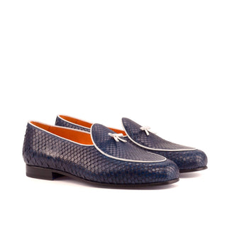 Ambrogio Men's Handmade Custom Made Shoes Navy Exotic Snake-Skin Slip-On Belgian Loafers (AMB1121)-AmbrogioShoes