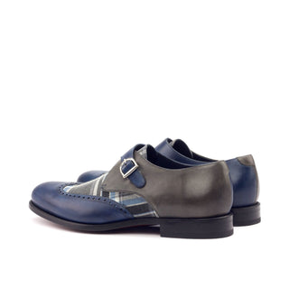 Ambrogio 3003 Men's Shoes Navy & Gray Texture Print / Calf-Skin Leather Monk-Strap Loafers (AMB1219)-AmbrogioShoes