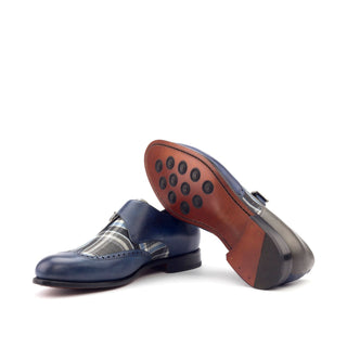 Ambrogio 3003 Men's Shoes Navy & Gray Texture Print / Calf-Skin Leather Monk-Strap Loafers (AMB1219)-AmbrogioShoes