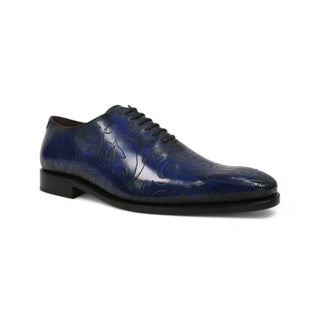 Ambrogio Men's Handmade Custom Made Shoes Ocean Blue Maori Texture Print / Patina Leather Wholecut Plain Oxfords (AMB1634)-AmbrogioShoes