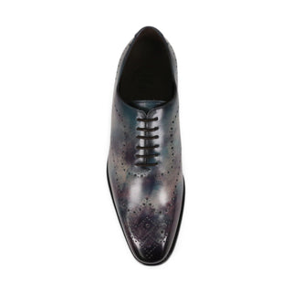 Ambrogio Men's Handmade Custom Made Shoes Purple & Teal Cygnus Cezzane Patina Leather Wholecut Oxfords (AMB1645)-AmbrogioShoes