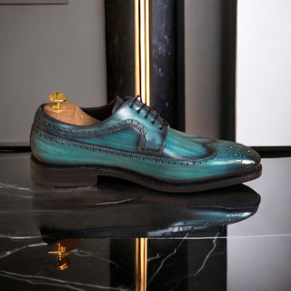 Ambrogio Men's Handmade Custom Made Shoes Turquoise Patina Leather Longwing Blucher Oxfords (AMB1227)