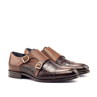 Ambrogio 2701 Men's Shoes Two-Tone Brown Crocodile Print / Patina Leather Monk-Straps Loafers (AMB1143)-AmbrogioShoes