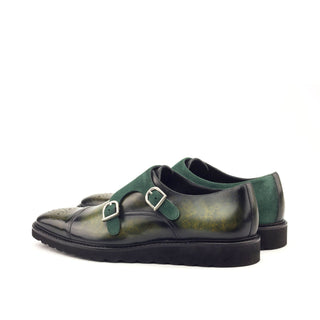 Ambrogio 2942 Men's Shoes Two-Tone Green Suede & Patina Leather Monk-Straps Loafers (AMB1185)-AmbrogioShoes