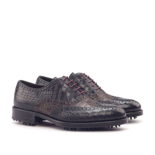 Ambrogio Men's Shoes Black & Dark Brown Crocodile Print / Calf-Skin Leather Brogue Oxfords (AMB2099)-AmbrogioShoes