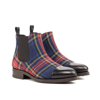 Ambrogio Men's Shoes Black, Red, Blue & Yellow Tartan Fabric / Calf-Skin Leather Chelsea Boots (AMB2086)-AmbrogioShoes