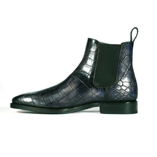 Ambrogio Men's Shoes Blue Crocodile Print / Dakar Patina Leather Chelsea Boots (AMBS1638)-AmbrogioShoes