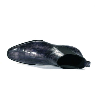 Ambrogio Men's Shoes Blue Crocodile Print / Dakar Patina Leather Chelsea Boots (AMBS1638)-AmbrogioShoes