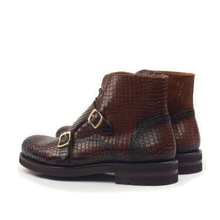 Ambrogio Men's Shoes Brown Crocodile Print / Calf-Skin Leather Monk-Straps Chukka Boots (AMBS2014-RTW)-AmbrogioShoes