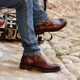 Ambrogio Men's Shoes Brown Crocodile Print / Calf-Skin Leather Monk-Straps Chukka Boots (AMB2014)-AmbrogioShoes