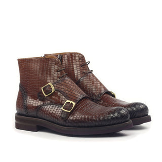 Ambrogio Men's Shoes Brown Crocodile Print / Calf-Skin Leather Monk-Straps Chukka Boots (AMBS2014-RTW)-AmbrogioShoes