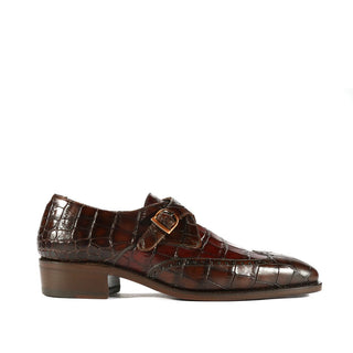 Ambrogio Custom Men's Shoes Dark Brown Crocodile Print / Calf-Skin Leather Monk-Strap Loafers (AMBX1001)-AmbrogioShoes