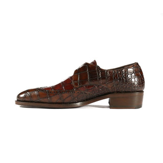 Ambrogio Custom Men's Shoes Dark Brown Crocodile Print / Calf-Skin Leather Monk-Strap Loafers (AMBX1001)-AmbrogioShoes