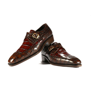 Ambrogio Custom Men's Shoes Dark Brown Crocodile Print / Calf-Skin Leather Monk-Strap Loafers (AMBX1001)-AmbrogioShoes