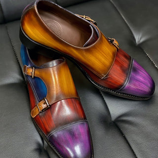 Ambrogio Custom Men's Shoes Purple, Brown, Navy & Camel Patina Leather Monk-Straps Loafers (AMBX1000)-AmbrogioShoes