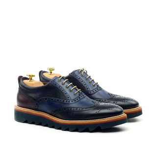 Ambrogio Men's Shoes Navy & Cherry Lizard Print / Calf-Skin Leather Wingtip Oxfords (AMBS2039-RTW)-AmbrogioShoes