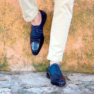 Ambrogio Men's Shoes Navy Crocodile Print / Rubber / Calf-Skin Leather Cap Toe Oxfords (AMB2050)-AmbrogioShoes