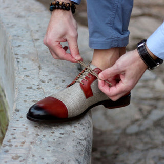 Ambrogio Men's Shoes Red & Beige Linen / Calf-Skin Leather Derby Oxfords (AMB2012)-AmbrogioShoes