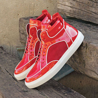 Ambrogio Men's Shoes Red Patent / Suede Leather High-Top Sneakers (AMB2081)-AmbrogioShoes