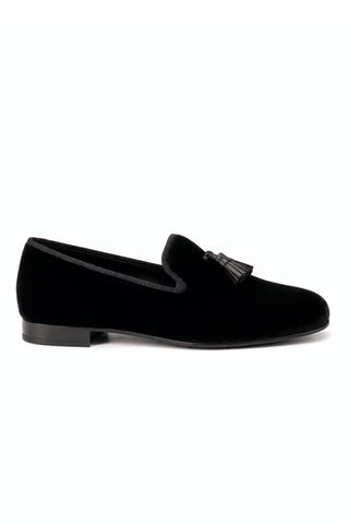 Black velvet and leather Ambrogio Milano 2 tassel loafer with a round toe and low heel.