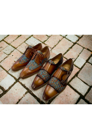 Ambrogio Multi-Color Fabric / Leather Dress/ Formal Double Monk-Straps Loafers (AMZ1009)