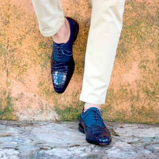 Ambrogio Navy Crocodile Print / Rubber / Calf-Skin Leather Cap Toe Oxfords (AMBS2050-RTW)-AmbrogioShoes