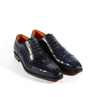 Ambrogio Navy Crocodile Print / Rubber / Calf-Skin Leather Cap Toe Oxfords (AMBS2050-RTW)-AmbrogioShoes