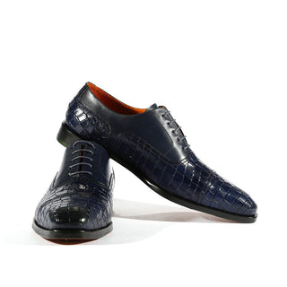 Ambrogio Navy Crocodile Print / Rubber / Calf-Skin Leather Cap Toe Oxfords (AMBS2050-RTW)-AmbrogioShoes