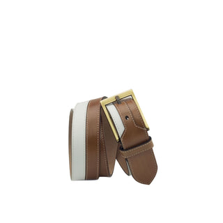 Ambrogio White & Brown Calf-SKin Leather Marseille Men's Belt (AMBB1025)