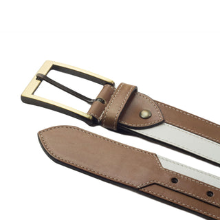 Ambrogio White & Brown Calf-SKin Leather Marseille Men's Belt (AMBB1025)