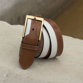 Ambrogio 2946 White & Brown Calf-SKin Leather Marseille Men's Belt (AMBB1025)-AmbrogioShoes