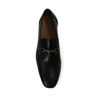 Ambrogio by Mezlan Men's Shoes Black Snake Print Leather Horsebit Loafers (AMZ1015)-AmbrogioShoes