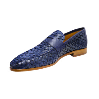 Ambrogio Men's Shoes Navy Woven Leather Penny Slip-On Loafers (AMZ1012)-AmbrogioShoes