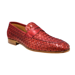 Ambrogio Men's Shoes Red Woven Leather Penny Slip-On Loafer (AMZ1011)-AmbrogioShoes