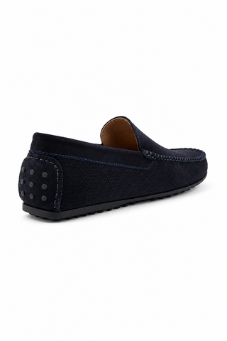 Andre Assous Chris perforated suede loafer in navy, men's slip-on moccasin with rubber outsole for comfort and style, rear view.
