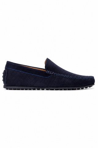Andre Assous Chris men's perforated suede loafer in navy with rubber outsole and slip-on design, size D medium width.