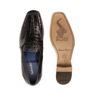 Belvedere 1029 Natale Men's Shoes Black Exotic Caiman Crocodile / Ostrich Slip-On Loafers (BV2960)-AmbrogioShoes