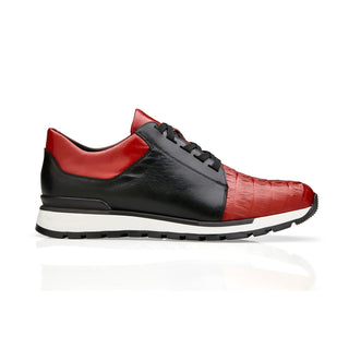 Belvedere 33631 Titan Men's Shoes Black & Red Exotic Caiman Crocodile / Calf-Skin Leather Casual Sneakers (BV3168)-AmbrogioShoes