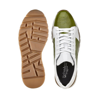 Belvedere Blake 33629 Shoes Men's Lime & White Exotic Genuine Ostrich / Calf-Skin Leather Casual Sneakers (BV3166)-AmbrogioShoes