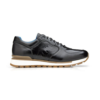 Belvedere Bobo G01 Men's Shoes Black Exotic Ostrich / Calf-Skin Leather Lace-Up Sneakers (BV3118)-AmbrogioShoes